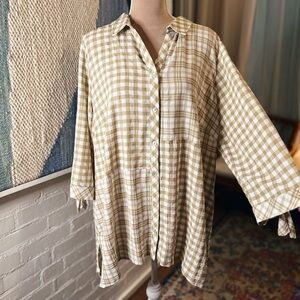 Susan Graver Brown and Cream Plaid Textured Button Down Shirt